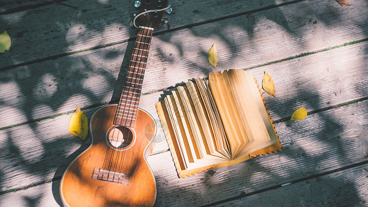 阳光温馨吉他叶子与日记本背景