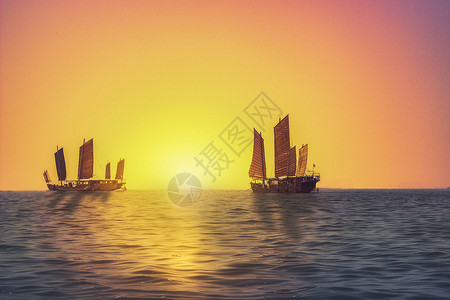 反映水面日落日落帆船背景