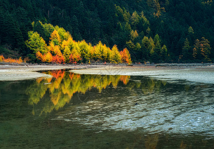 藏族风格秋色绽放在即将结冰的湖边背景