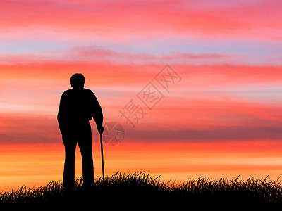 手持拐杖夕阳下的老人设计图片