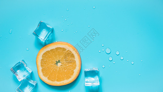 清凉柠檬边框夏日清新蓝色背景水果橙子背景