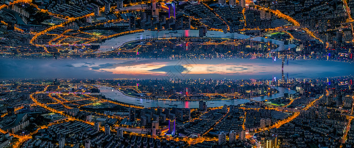 镜像城市超现实航拍城市全景背景