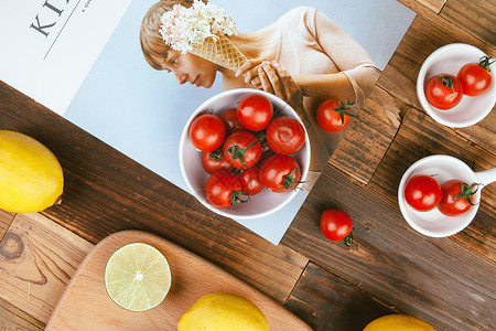 番茄和冰块文艺风格水果图片背景