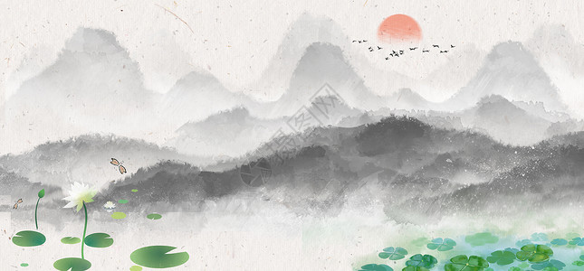 柳叶花簇素材中国风荷花水墨背景设计图片