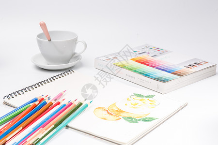 彩铅手绘画笔与绘画本创意组合背景