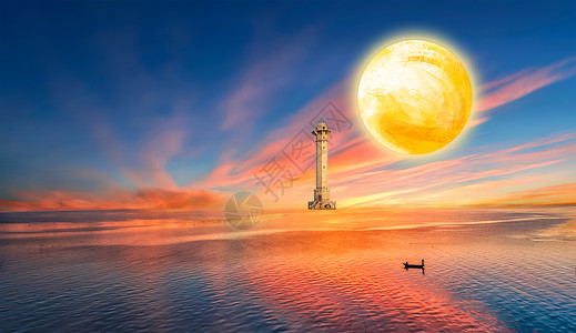 夜晚抢票人月亮下的灯塔和划船的人背景设计图片