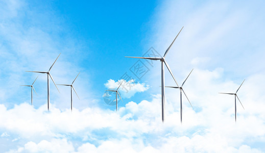 新能源物流车云端风车背景设计图片
