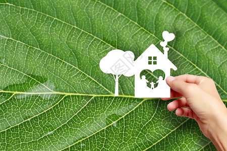 植物和房子剪纸手拿纸剪家庭环保图片设计图片
