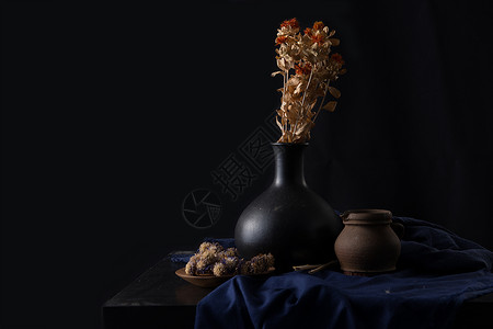 油画静物素材干花花瓶设计背景素材背景