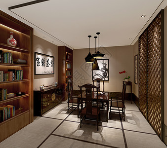 木质书房中式传统书房室内设计效果图背景