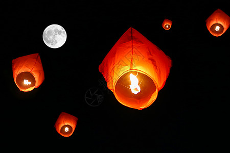 中国风秦时明月月圆下的孔明灯背景