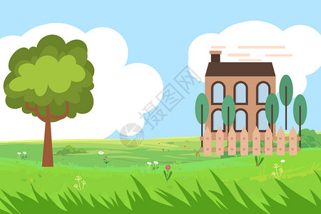 漫画中素材房子树木青草地蓝天白云卡通背景设计图片
