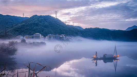 迷幻意境渔村背景