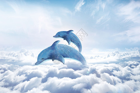 超现实鲸鱼飞翔的海豚鱼高清图片