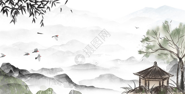 楼阁庙宇中国风水墨画设计图片