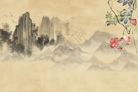 村落一角水墨远山中国风图设计图片