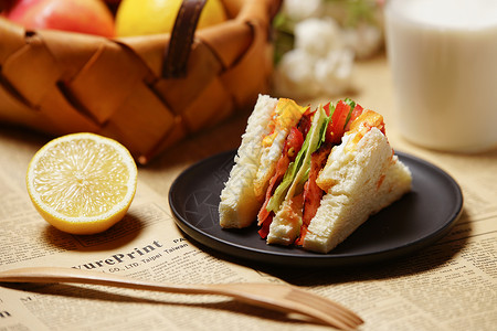 安福火腿水果与三明治美食组合背景