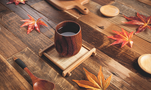 秋天茶饮品勺子暖背景高清图片