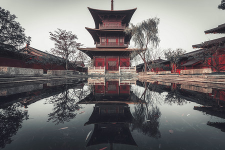中国风锦鲤广富林古塔寺庙背景