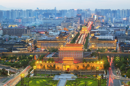 西安钟楼夜景长安中轴线背景