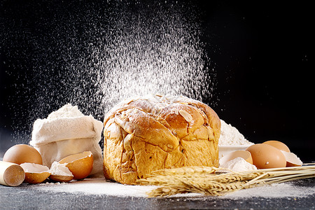 早餐谷物面包和面粉背景