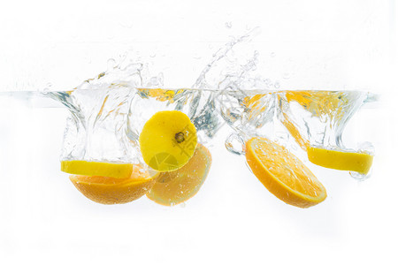 入水柠檬橙子水果夏日清凉冷饮气泡素材背景