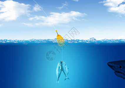 小兔和小猫钓鱼深海钓鱼概念图设计图片