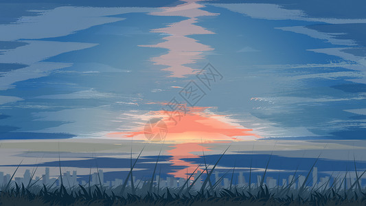 蓝色中秋展板手绘夕阳下的天空插画