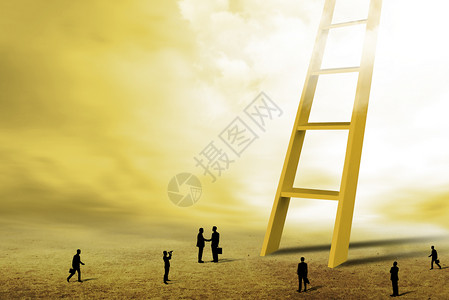 黄色小人通向天空的梯子设计图片
