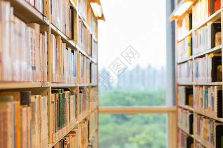 图书馆书架上排列整齐的书背景图片