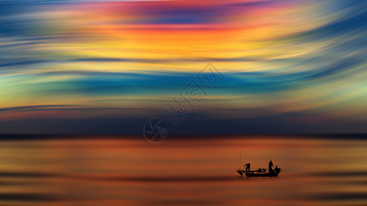 创意炫彩箭头夕阳下的渔船背景