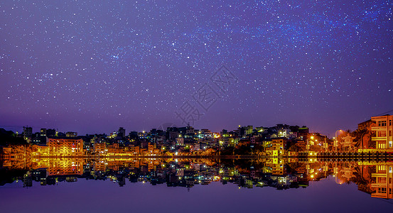 创意星空素材星空下的渔村夜景背景