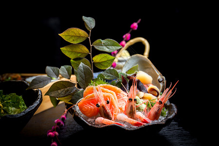 日本料理甜虾三文鱼刺身拼盘食品高清图片素材
