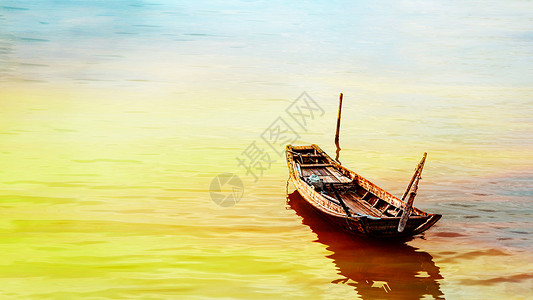 油画风景背景夕阳余晖下的渔船背景