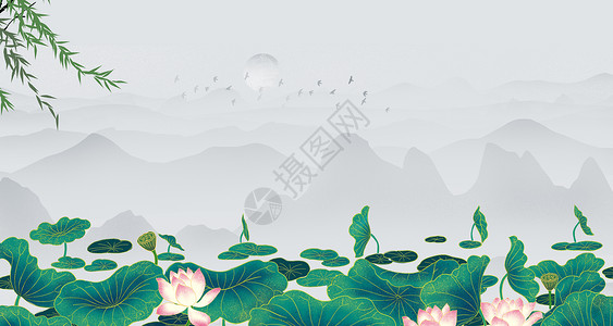国画荷花工笔画中国风背景设计图片