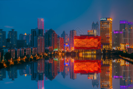 武汉城市夜景万达汉秀红灯笼图片