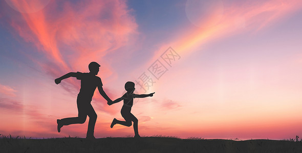 站在桥上玩耍的孩子小孩与爸爸在夕阳下玩耍设计图片