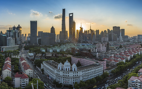 上海城市日落景观背景图片