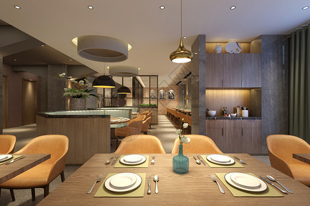 原木室内现代北欧风餐厅室内设计效果图背景