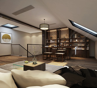阁楼效果图新中式风格茶室室内设计效果图背景