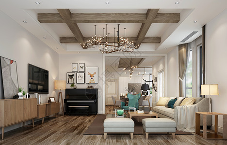 客厅地板效果图北欧原木现代简约客厅室内设计效果图背景