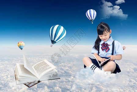 坐在云上看书的小女孩背景背景图片