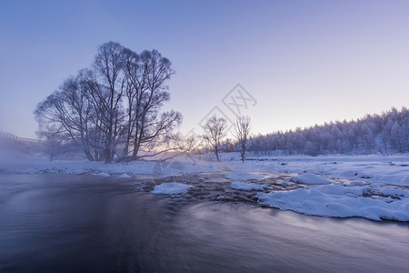 雪中森林阿尔山不冻河边的冰雪背景