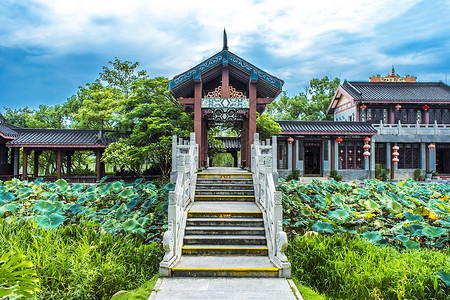 蓝色大气中国风虎年城市中国风古建筑亭台背景背景