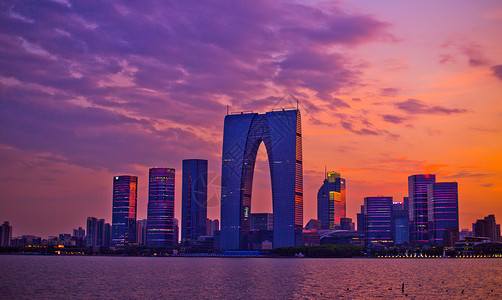 现代城市苏州东方之门夕阳景色背景