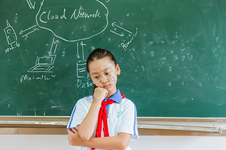 小学教室黑板前女生在思考图片