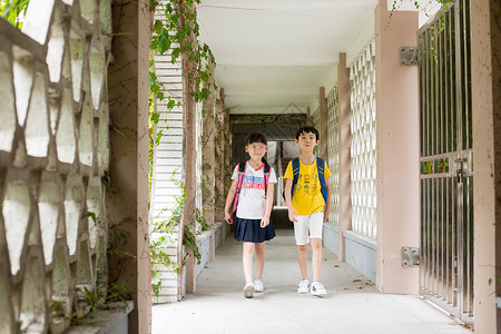 小学生回家背着书包一起放学走路回家的同学背景