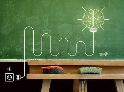黑板前思考大脑灯泡电路插画