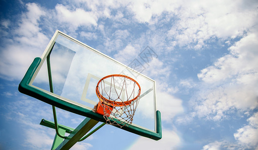 着火的篮球蓝天下的篮球框背景