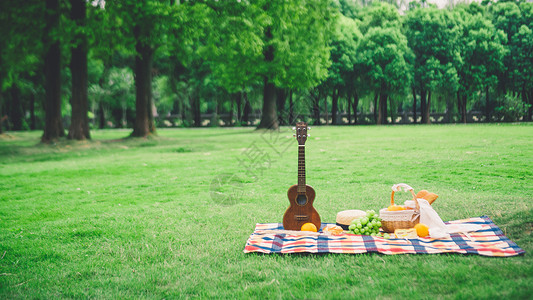 户外绿草地上野餐高清图片